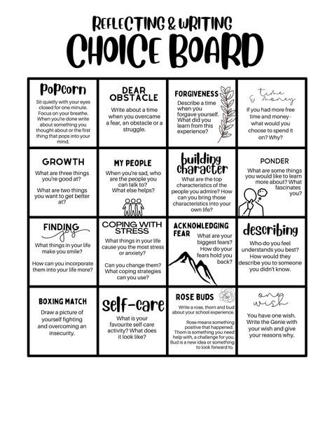 Choice Boards Middle School, Board Classroom, Mental Health Activities, Choice Board, Choice Boards, School Social Work, Counseling Activities, Therapy Worksheets, Group Therapy