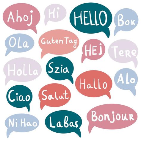 Hello, Hi with speech bubbles on different languages. Translation concept. Hand drawn icons isolated on white background. Hello In Every Language, Hi In Different Languages, Hello In Many Languages, Hello In Different Languages, Language Icon, Hello In Languages, Drawn Icons, Text Bubble, Hand Drawn Icons