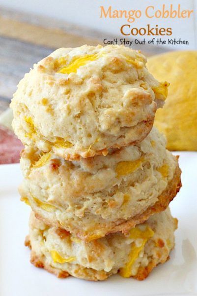 Mango Cobbler Cookies Pandan Coconut Cookies, Mango Cookies Recipe, Mango Cobbler, Mango Ideas, Mango Cookies, Cream Cheese Scones, Cobbler Cookies, Eating Mango, Hawaii Recipes