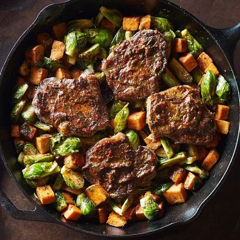 Sear the steaks and roast the veggies all in one cast-iron pan for an easy, healthy dinner. #DinnerTonight