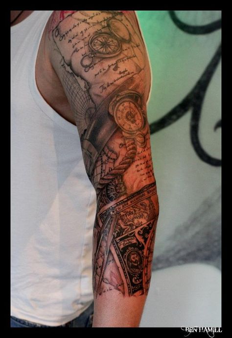 Cool sleeve Vintage Tattoo Sleeve, Tattoo Dream, Tato Maori, Map Tattoos, Nautical Tattoo, Geniale Tattoos, Inked Tattoo, Full Sleeve Tattoos, Full Sleeve Tattoo