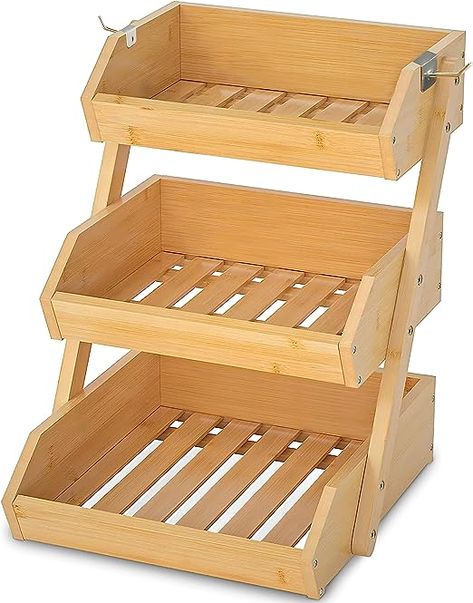 GET SORTED Bamboo Fruit Basket 3 Tier — 33+ Lbs Capacity, 12mm Thickness, Raised Bottom & 2 Hooks — Ideal for Bread, Toiletries, Snacks, Seasonings - Fruit Bowl for Kitchen Counter, Dining Table, etc Basket For Kitchen, Tiered Fruit Basket, Produce Storage, Kitchen Ideals, Fruit Stand, Fruit And Vegetable Storage, Bamboo Construction, Fruit Holder, Fruit Display