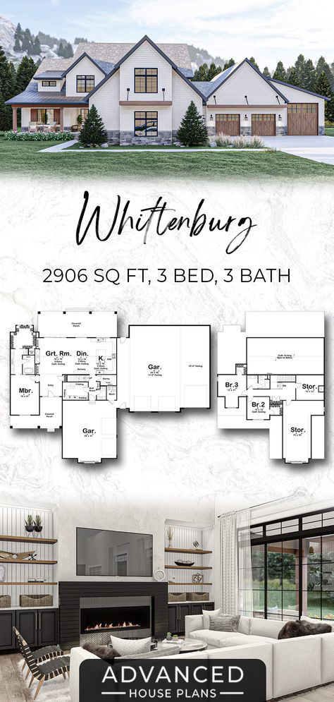 Whittenburg - 30230 This beautiful modern farmhouse would make a beautiful addition to any neighborhood. With 2906 square feet, 3 beds, and 3 baths, this home is perfect for a family who wants the space and the separation for connection, and privacy when needed. #homeplans #architecture #homedecor #interiordesign #homedesign #homesweethome #home #houseplans #interior #floorplans #LuxuryHomes #ModernFarmhouse Big House For Big Family, Floor Plans With Two Master Bedrooms, Modern Farmhouse With 3 Car Garage, 2900 Sq Ft House Plans Open Floor, Modern Farmhouse Floorplan 4 Bedroom, Organic Modern House Plans, Modern Home Plans One Story Layout, House Plans With U Shaped Kitchen, Modern Home Blueprint