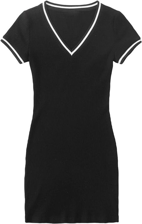 Floerns Women's Short Sleeve V Neck Striped Trim Rib Knit Bodycon T Shirt Mini Dress at Amazon Women’s Clothing store Shirt Mini Dress, Mini Shirt Dress, Amazon Women, Clothing Store, Rib Knit, Trim, Mini Dress, V Neck, Womens Shorts