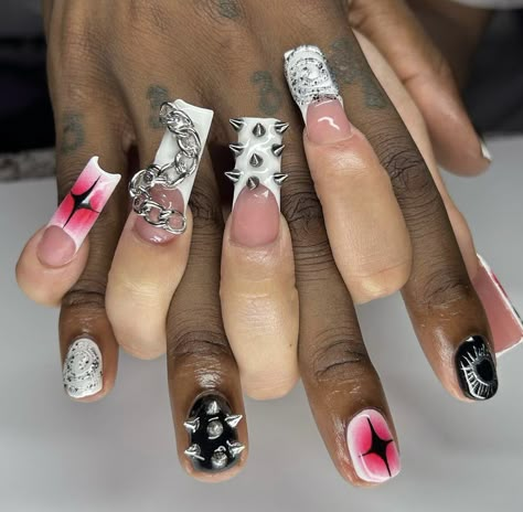 Xavier Wulf Nails, Cross Y2k Nails, Matching Nails With Best Friend Y2k, Nails With Spikes, Bb Belt Nails, I Love Me Nails, Duck Nails Y2k Black, Y2k Pink And Black Nails, Y2k Nails Acrylic Pink And Black