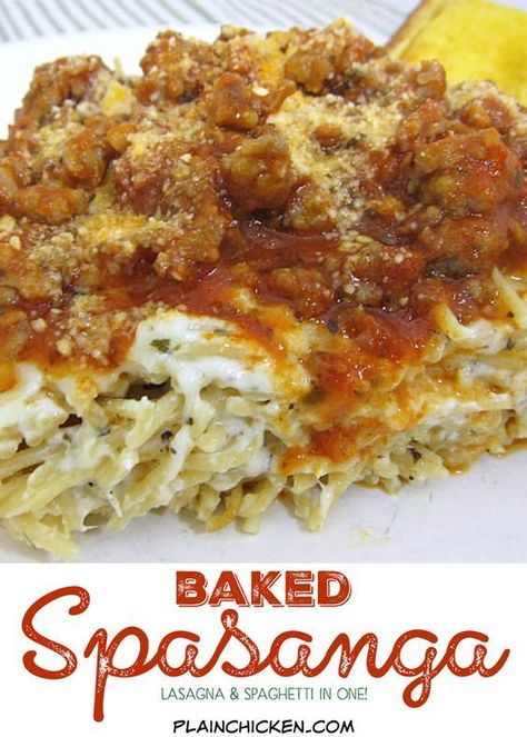 Lasagna With Spaghetti Noodles, Spaghetti With A Twist, Baked Spasanga, Pasta With Mozzarella, Plain Chicken Recipe, Cheesy Lasagna, Mozzarella Pasta, Baked Pasta, Plain Chicken