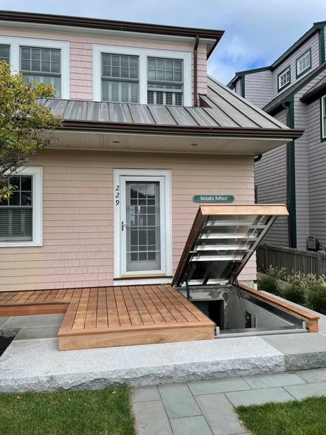 Deck Over Cellar Door, Deck Around Bulkhead, Cellar Entrance Outdoor, Bulkhead Basement Door Ideas, Garage Basement Entrance, Outside Basement Door Ideas, Basement Garage Exterior, Cellar Hatch Door, Bulkhead Cellar Door Ideas