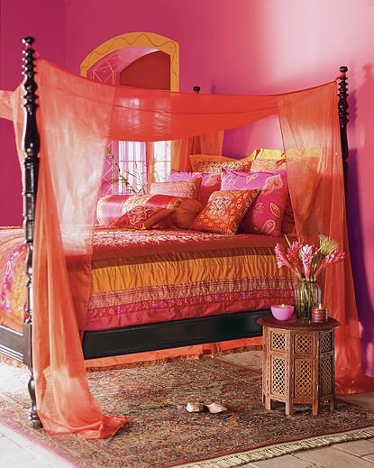 spiegel catalog 2006 - exotic bedding Cozy Boho Bedroom, Interior Boho, Boho Bedroom Design, Bohemian Bedroom, Canopy Bed, Boho Home, Pink Walls, Dream Rooms, Bohemian Home