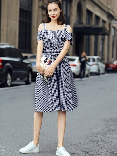 Plaid Frill Cold Shoulder Button Front Dress With Belt -SheIn(Sheinside) Belt Dress, Frill Dress, Golden Light, Button Front Dress, Dress With Belt, Teenage Fashion Outfits, Ladies Dress Design, Denim Outfit, Teen Fashion Outfits