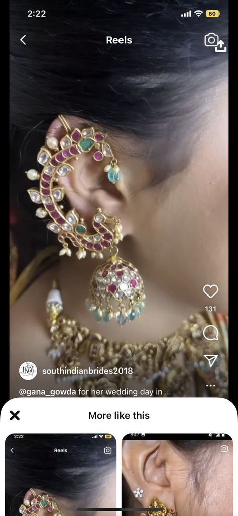 Gold Ear Cuff Earrings Indian, Ear Cuffs Gold Indian, Kundan Buttalu, Cuffs Jewelry, Marriage Jewellery, Jewellery Board, Ear Cuff Jewelry, Gold Earrings Models, Beautiful Gold Necklaces