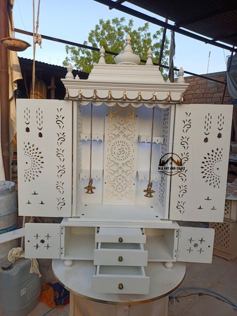 Explore MAARTANDCRAFT for a stunning Art Deco pooja mandir! Handmade in India with engineering wood, this white temple includes LED light. Perfect for any room! #Handmade #ArtDeco #PoojaMandir 🛋️✨ Care Drawing, Lotus Motifs, Wooden Temple, Pooja Mandir, Hanging Bell, Assembly Instructions, Hard Wood, Light White, Craft Sale