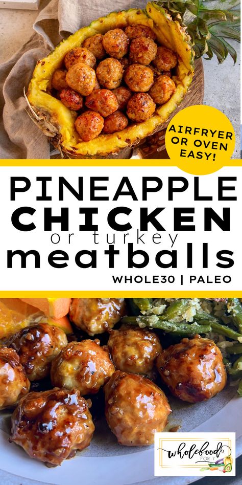 A delicious Whole30 30-minute meal - Pineapple Chicken or Turkey Meatballs. Gluten-free, dairy-free, nut-free, egg-free, EASY! Kid-friendly, budget-friendly, and freezer-friendly. Make them tonight! Paleo Game Day Snacks, Pineapple Curry Meatballs, Whole 30 Recipes With Ground Turkey, Whole 30 Tailgate Food, Kids Paleo Lunch Ideas, Paleo Pineapple Chicken, Ground Turkey Pineapple Recipes, Hawaiian Turkey Meatballs, Ground Chicken And Pineapple