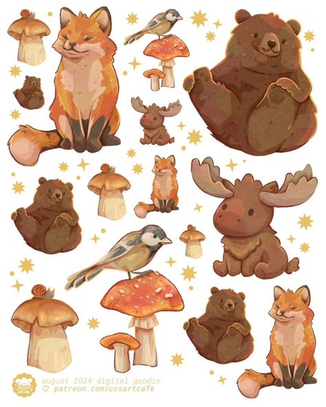 Forest friends 🩷🐾✨️ Had so much fun drawing the digital goodie for my patrons this month!! My favorite is the bear hehe 🐻 Funky Illustrations, Creative Drawing Ideas, Drawing Ideas For Beginners, Happy Doodles, Fox Card, Animal Encounters, Forest Drawing, Watercolour Ideas, Animal Reference