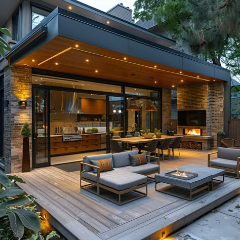 Modern Terrace Garden Design Luxury, Kitchen Leading To Patio, Luxurious Terrace, Outdoor Kitchenette, Covered Back Deck, Modern Terrace, Wooden Decking, Modern Gazebo, Atmospheric Lighting