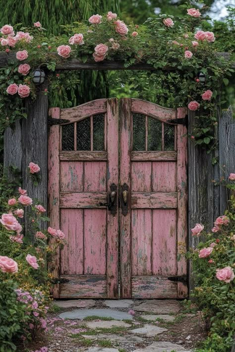 Repurposed Antique Door Gates Vintage Gates Garden, Doors And Gates, Beautiful Old Doors, Secret Garden Gate Ideas, Old Doors Paintings, Unique Doors Entrance, Antique Entry Door, Keyhole Doorway, Entrance Garden Ideas Entryway