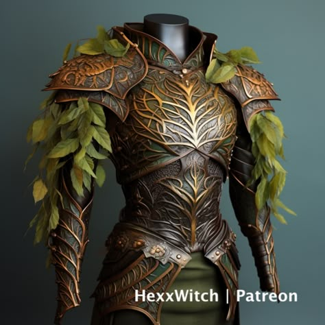 Leaf Armor Elves, Druid Armor Dnd, Flower Armor Design, Fey Armor, Elven Armor Female, Armor Ideas Design, Hide Armor Dnd, Rouge Armor, Leather Armor Design