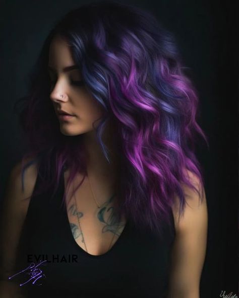 EVILHAIR | hair color & hair care on Instagram: "EMBRACE THE MULTICOLOR HAIR COLOR TRENDS OF 2023: PLUM PURPLE, BLUE, MAGENTA, AND PEACHY ORANGE HAIR... Are you ready to embrace a world of vibrant self-expression through your hair? In 2023, it's all about showcasing your unique style and making a bold statement with your hair color. From enchanting plum purple to electrifying blue, sultry magenta, and playful peachy orange, there's a shade for every personality and mood. Let's discover how you can make these shades your own. 1. Plum Purple Hair Plum purple hair is the epitome of elegance and mystique. This deep, rich shade exudes sophistication and confidence. It's the perfect choice if you want to make a statement without going too over-the-top. Plum purple hair can be styled in vari Blue Purple Red Hair, Magenta And Purple Hair, Plum Purple Hair, Peacock Hair Color, Indigo Hair, Multicolor Hair, Navy Hair, Peacock Hair, Magenta Hair