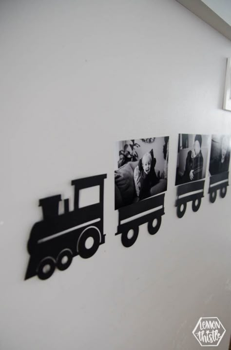 train of photos of the birthday boy! perfect party decoration for a modern train themed second birthday party- simple to cut using the cricut #birthdayparty #trainparty #cricutmade Train Baby Shower Theme Boys, Boys Train Birthday Party Ideas, Trains Birthday Party Theme, Modern Train Birthday Party, Two Year Old Train Birthday Party, Toddler Train Birthday Party, Vintage Train Birthday Party, Train Birthday Party Decorations, Train Themed Birthday Party