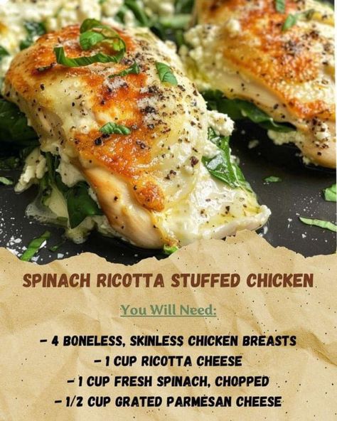 The Pioneer Woman - Ree Drummond | Spinach Ricotta Stuffed Chicken  | Facebook Ricotta Stuffed Chicken Breast, Nonna Pia, Ricotta Stuffed Chicken, Stuffed Chicken Breast Spinach, Stuffed Chicken Breast, Ricotta Recipes, Spinach Ricotta, Fresh Spinach, Fast Dinners