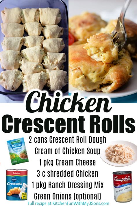 For a super flavorful chicken casserole, make these Chicken Crescent Rolls. Shredded chicken in a creamy sauce seasoned with ranch dressing, wrapped in crescent roll dough, then baked until golden--the whole family will love this chicken dinner! Crescent Roll Recipes Dinner, Chicken Crescent Rolls, Chicken Crescent, Crescent Recipes, Shredded Chicken Recipes, Chicken Rolls, Crescent Roll Recipes, Ranch Dressing Mix, Chicken Dishes Recipes