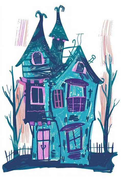 Whimsical haunted house illustration | free image by rawpixel.com / Adjima Cartoon Houses Illustration, How To Draw Haunted House, Halloween House Illustration, Old House Illustration, Haunted House Cartoon, Haunted House Illustration, Cute Haunted House, Haunted House Art, 2024 Drawing