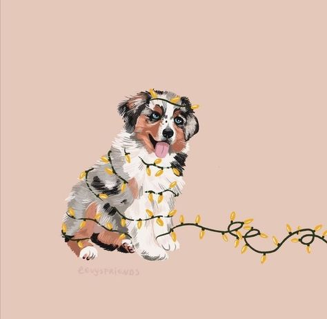 Australian Christmas Wallpaper, Aussie Wallpaper, Aussie Illustration, Aussie Drawing, Christmas Dog Wallpaper, Christmas Dog Drawing, Australian Shepherd Christmas, Corgi Art, Sweet Drawings