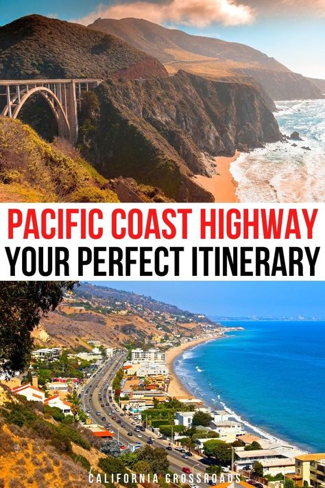 photo of the bixby creek bridge archway in big sur against the water; photo of a beach town along the pacific coast highway in Southern California. text reads 'pacific coast highway; your perfect itinerary' California Coastline Road Trip, Pacific Coast Highway Road Trip Itinerary, Pch Road Trip Itinerary, California Coast Road Trip Itinerary, Pacific Highway Road Trip, Highway 101 Road Trip California, Highway 101 Road Trip, Pch Roadtrip, Coastal Road Trip