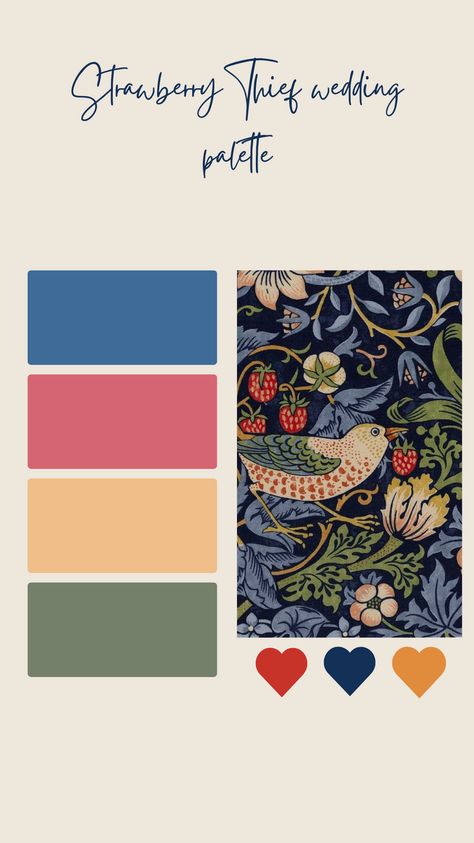 William Morris Colour Palette, Strawberry Colour Palette, William Morris Color Palette, Morris Bedroom, William Morris Bedroom, William Morris Wedding, Dye Inspiration, The Strawberry Thief, William Morris Strawberry Thief