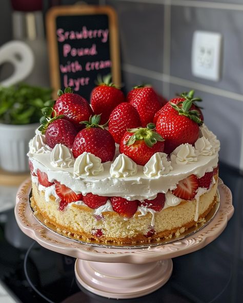 Ultimate Summer Strawberry Pound Cake Strawberry Cake Decor, Strawberry Shortcake Pound Cake, Small Strawberry Shortcake, Strawberry Filled Cake, Birthday Cake Strawberry, Peanut Butter Pound Cake, Strawberry Pound Cake, Strawberry Shortcake Cake, Strawberry Theme