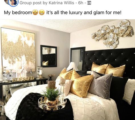 Black Gold And White Bedroom, Black White Gold Bedroom, Black White And Gold Bedroom, Black And Silver Bedroom, White Gold Bedroom, Luxury Dorm, Silver Bedroom Decor, Grey And Gold Bedroom, Cream Bedroom Ideas