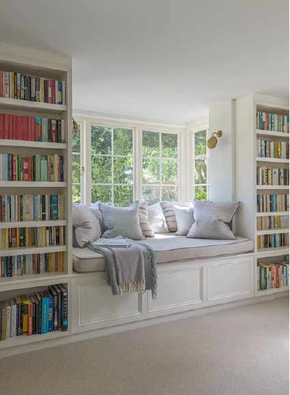 Reading Nook In Front Of Window, Book Nook With Window, Home Library With Windows, Library With Window Seat, Window Seat Library, Loft Reading Nook, Reading Nook Window Seat, Reading Nook Window, Barndo Ideas