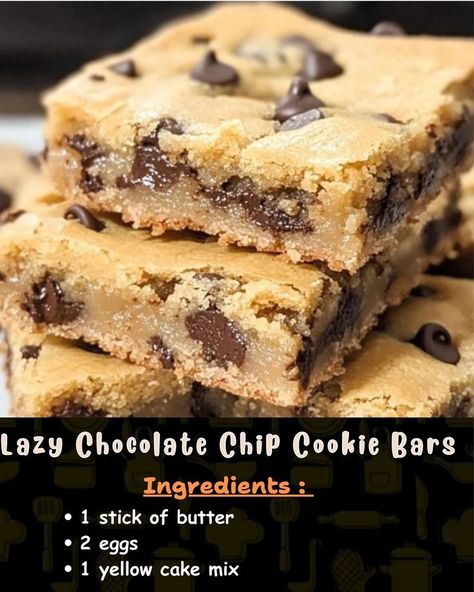 Ingredients: 1 stick of butter 2 eggs 1 box of yellow cake mix... Lazy Chocolate Chip Cookie Bars, Chocolate Chip Cookie Bars, Christmas Cake Recipes, Semi Sweet Chocolate Chips, Yellow Cake, Yellow Cake Mixes, Homemade Treats, 2 Eggs, Chocolate Chip Cookie