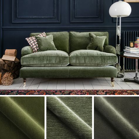 Velvet Couch Green, Deep Green Velvet Sofa, Green Velvet Window Seat, Green Velvet Sofas Living Room, Velvet Sofa Living Room Interior Design, Forest Green Velvet Sofa, Olive Green Sofas, Moss Green Sofa Living Room Ideas, Sage Green Velvet Sofa