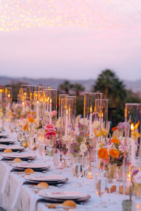 Wedding Hanging Centerpieces, Wedding Color Schemes Romantic, Elaborate Wedding Florals, Colored Glasses Wedding Table, Classy Garden Party Wedding, Meadow Wedding Aesthetic, Wedding Flowers Summer Centerpieces, Upscale Garden Wedding, Wedding Table Settings Colorful