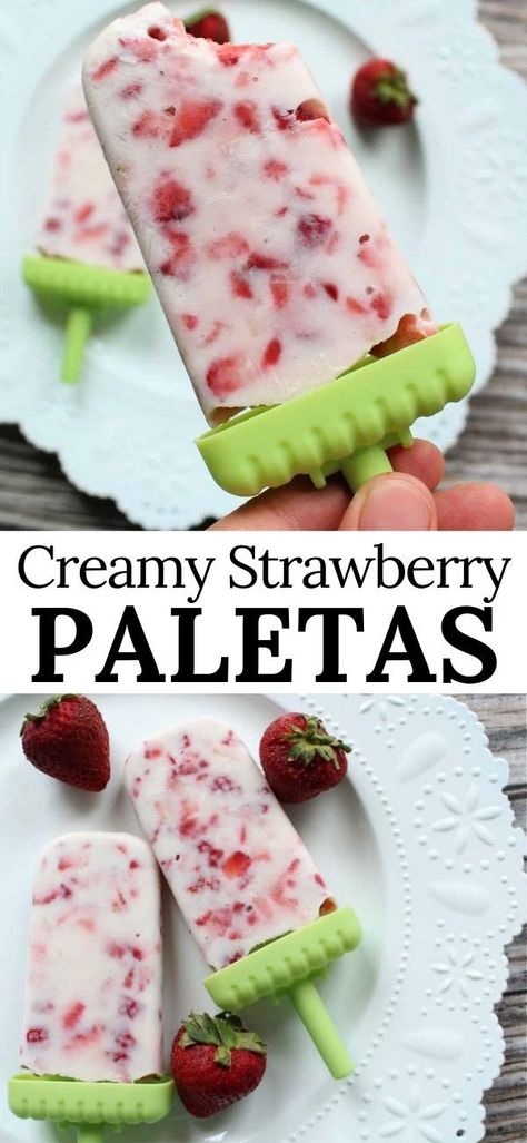 Strawberry Paletas Recipe, Mexican Popsicles, Paletas Recipes, Mexican Ice Cream, Creamy Popsicles, Homemade Fruit Popsicles, Frozen Fruit Bars, Strawberry Popsicles, Sweet Condensed Milk