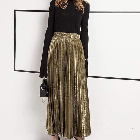 Gold Pleated Skirt, Silver Skirt, Long Skirt Fashion, Pleated Skirt Dress, Fashion Skirts, Gold Skirt, Pleated Long Skirt, Chic Skirts, Pleated Maxi Skirt