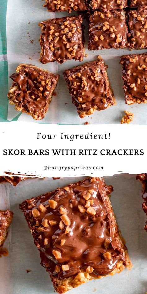 Top photo: Toffee/skor bars on parchement paper Bottom photo: Toffee/skor bar closeup Hungry Paprikas, Middle Eastern Bread, Skor Bars, 4 Ingredient Desserts, Salty Desserts, Paprika Recipes, 3 Ingredient Desserts, Toffee Bars, Lazy Weekend