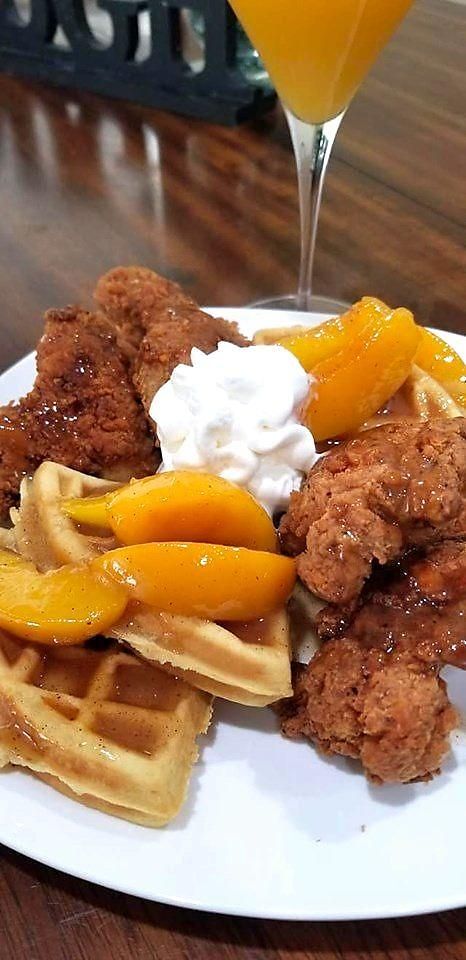 Fried Chicken & Peach Cobbler-Glazed Waffles Is a Breakfast & Brunch Mic Drop Lemon Cobbler, Waffle Brunch, Fried Chicken And Waffles, Chicken Waffles, Baking Measurements, Waffle Bar, Waffles Recipe, Southern Fried Chicken, Mic Drop