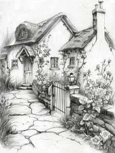 Cottage Drawing Fairytale, Sketches House, Sketches Landscape, Barn Drawing, Cottage Drawing, Pencil Sketches Landscape, Embroidery Illustration, Cottagecore House, Riverside Cottage