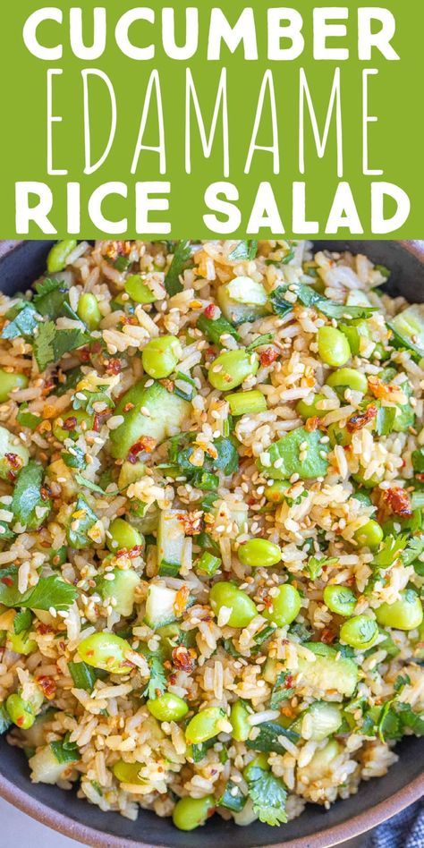 This Cucumber Edamame Rice Salad is made using flavorful and fresh ingredients.  It's filled with veggies and plant based protein, making it a great light lunch option, but I also enjoy it as a side dish.  This healthy rice salad comes together quickly and is great for weekend meal prep! This salad recipe is inspired by Asian flavors and reminds me a little of the veggie sushi rolls.  Enjoy with a spoon or with snack size seaweed sheets! #ricesalad #veganrecipe #glutenfree