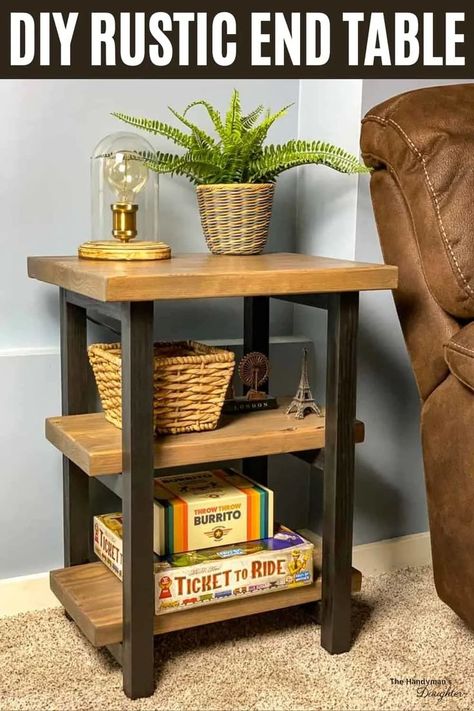 This rustic end table packs a lot of storage into a compact space! It features two shelves and a top made of reclaimed wood, and a black frame that looks like metal. It's super easy to build, and makes a great beginner woodworking project! Diy End Table, End Table Plans, Rustic End Table, Rustic End Tables, Diy End Tables, Expensive Furniture, Ideas Patio, Deck Furniture, Diy Home Furniture