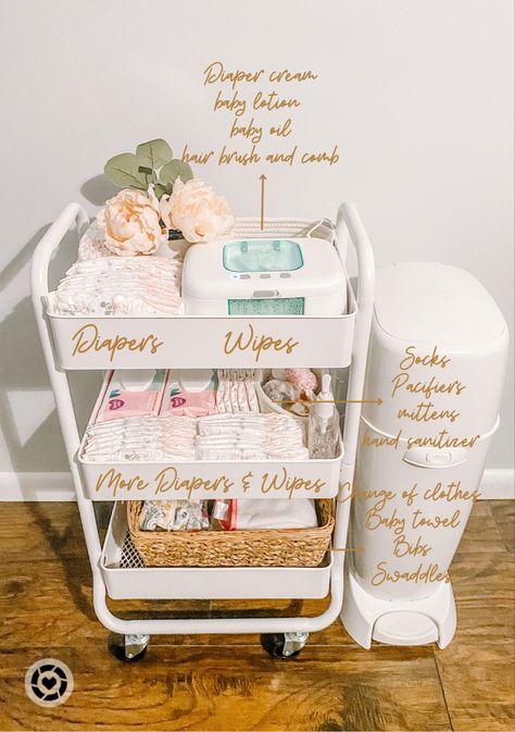 Diaper cart! #huggies #swaddle #target # wipes #diapergenie #amazon #baby Follow my shop @Cami22Gonzalez on the @shop.LTK app to shop this post and get my exclusive app-only content! #liketkit #LTKhome #LTKbaby #LTKbump @shop.ltk https://liketk.it/3Lj9P Ikea Utility Cart Nursery, Nursery Utility Cart, Girlie Nursery Ideas, Newborn Bedside Cart, Diaper Cart Gift, Nursery Set Up In Parents Room, Swaddle Organization, Baby Bedside Cart, Rolling Cart For Nursery