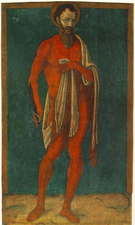 'The Apostle St Bartholomew wearing his flayed skin as a mantle' (1480). Matteo di Giovanni. Whiz Khalifa, St Bartholomew, Web Gallery, Book Of Hours, European Paintings, Oil Painting Reproductions, Medieval Art, Painting Reproductions, Patron Saints