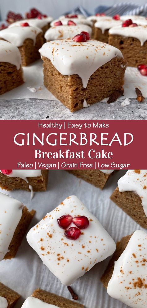 This Healthy Vegan Gingerbread Cake is moist, fluffy, soft and flavorful. It is only sweetened with banana and molasses, gluten free, dairy free, egg free and Paleo friendly. This is the best banana gingerbread cake recipe - healthy enough for breakfast, but tasty enough for dessert. #gingerbreadcake #breakfastcake #paleo #vegan #cassavaflour Banana Gingerbread, Gingerbread Cake Recipe, Cake Gluten Free, Vegan Gingerbread, Paleo Baking, Gluten Free Christmas, Paleo Sweets, Gingerbread Cake, Gluten Free Sweets