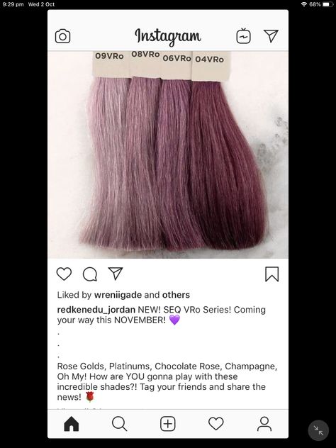 Metallic Mauve Hair, Redken Shades Eq Purple Formulas, Shades Eq Purple Formula, Lavender Hair Formula, Dusty Rose Hair Color Formula, Shades Eq Pink Formula, Redken Rose Gold Formula Shades Eq, Dusty Rose Hair Color, Rose Gold Formula