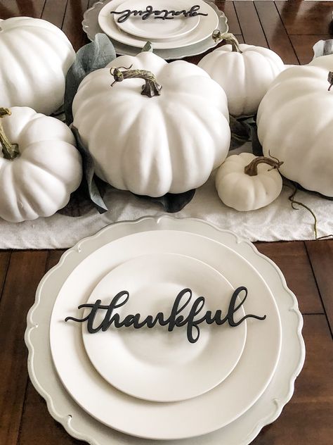 Thankful, Grateful, Blessed, and Gather Word Signs, Fall Dining Table Decor, Plate Ornament, Thanksgiving Decoration, Farmhouse Style by PottsUpscaledDesigns on Etsy Fall Dining Table Decor, Thanksgiving Decorations Outdoor, Fall Dining Table, Farmhouse Table Setting, Place Settings Thanksgiving, Thanksgiving Plates, Thanksgiving Napkins, Thanksgiving Place Cards, Autumn Dining