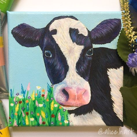 Canvas Cow Painting, Cow Canvas Painting, Painting Whimsical, Mini Toile, Art Whimsical, Small Canvas Paintings, Cow Canvas, Canvas Painting Tutorials, Simple Canvas Paintings