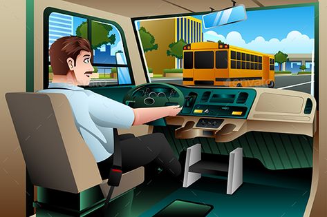 School Bus Driver Driving a Bus Retriever Illustration, Cartoon School Bus, Golden Retriever Illustration, Bus Drawing, Bus Cartoon, Gif Background, Buses For Sale, Bus Tour, How To Drive