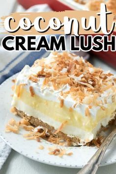 This Coconut Cream Lush recipe is light, creamy and filled with coconut pudding deliciousness. It's a cream cheese layered one-pan dessert that's perfect for your next potluck! #coconutpudding #lushdesserts #lasagnadesserts #dessertlasagna #summerdessert #potluckdesserts #onepandesserts #easydesserts #puddingdesserts #nobake #nobakedesserts #amandascookin Coconut Cream Lush, Lush Cake, Lush Recipes, Coconut Cream Pie Recipes, Layered Dessert, Fluff Desserts, Coconut Pudding, Coconut Desserts, Layered Desserts