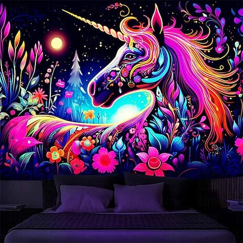 Hippie Room Decor Bohemian, Neon Unicorn, Mural For Living Room, Unicorn Tapestry, Bedroom 2024, Wall Art Mural, Blacklight Tapestry, Party Neon, Tapestry Wall Art